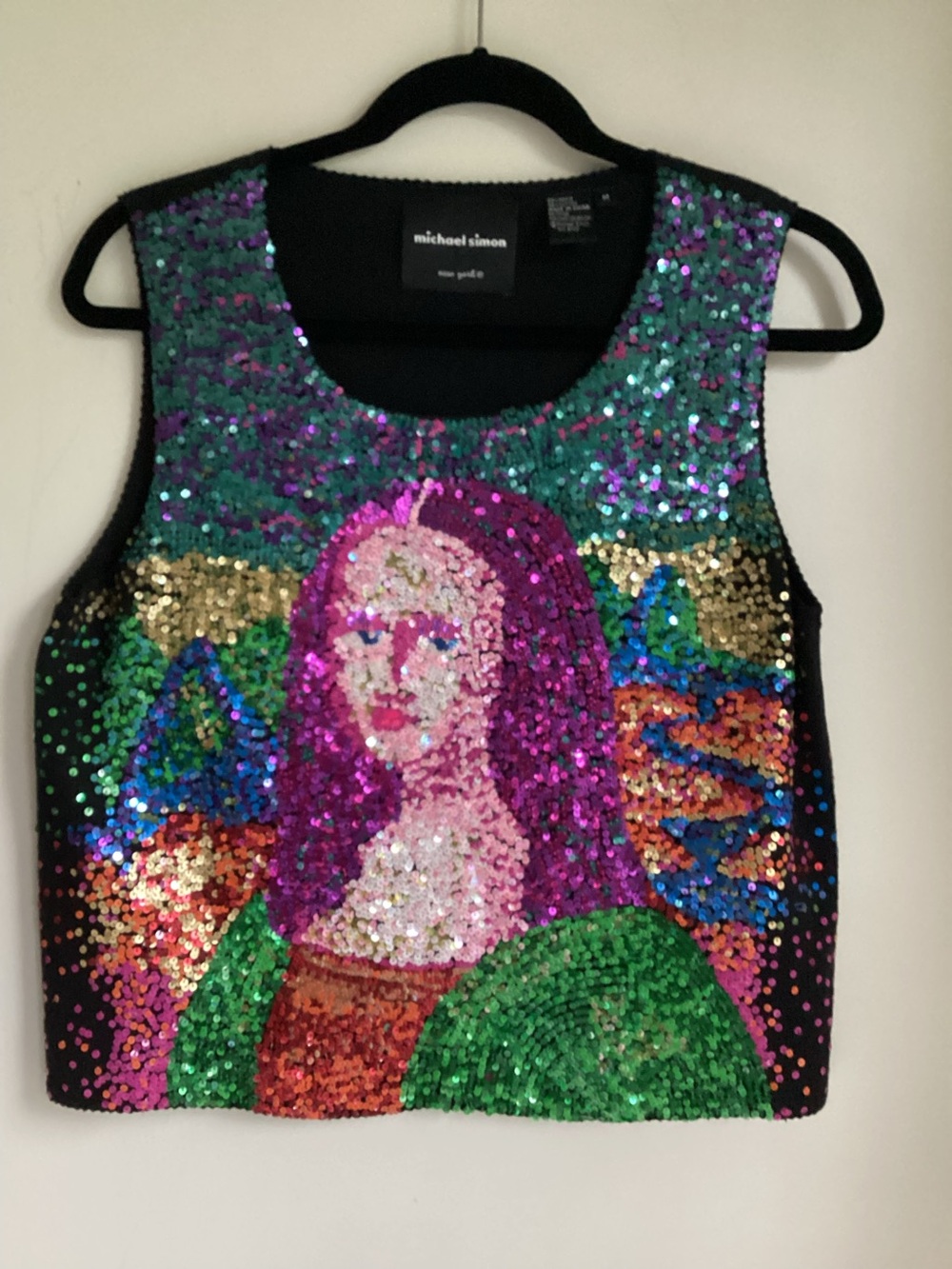 Vintage Michael Simon Mona Lisa Sequin Tank Top Medium Wearable Art  Vest Y2K